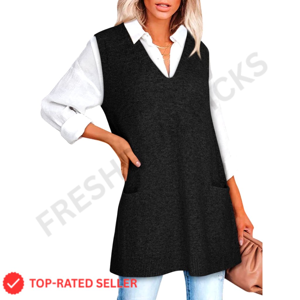 Sleeveless V Neck Oversized Knit Sweater Vest With Pockets